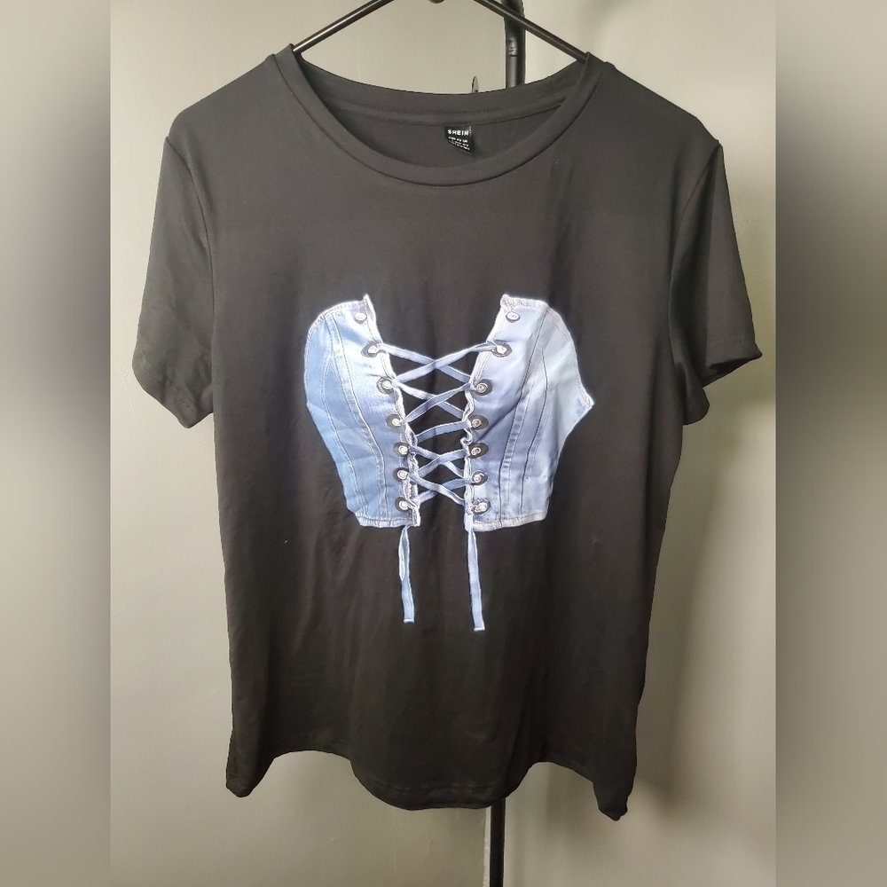 SHEIN Black Tee with Blue Lace-Up Detail